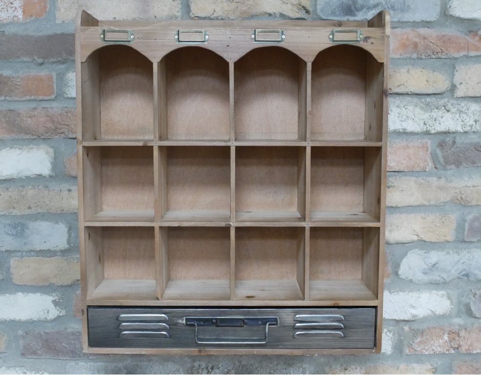 Industrial Vintage Pigeon Hole Wall Unit With Metal Drawer
