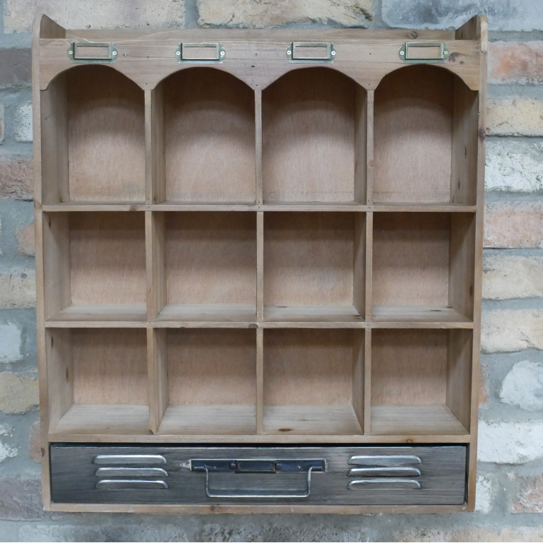 Industrial Vintage Pigeon Hole Wall Unit With Metal Drawer