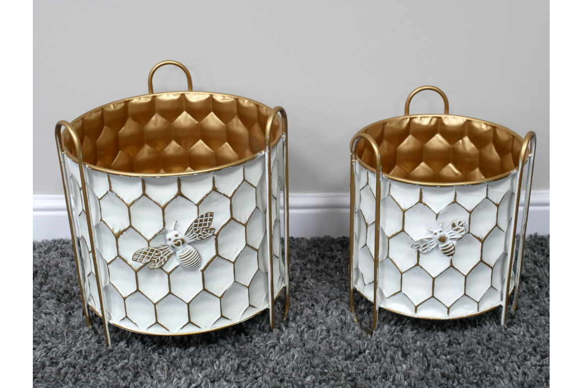 Honeycomb & Bee Metal Planters - set of 2