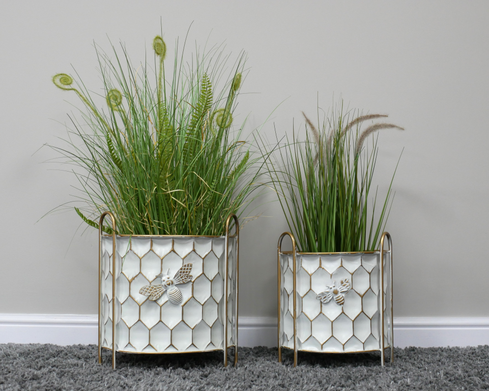 Honeycomb & Bee Metal Planters - set of 2