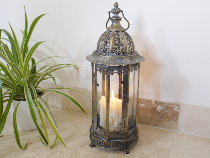 Ornate Metal Top Candle Lantern - Large