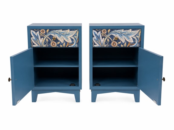 Blue Acanthus Floral Bedside Cabinets - Set of 2