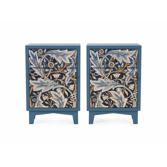 Blue Acanthus Floral Bedside Cabinets - Set of 2