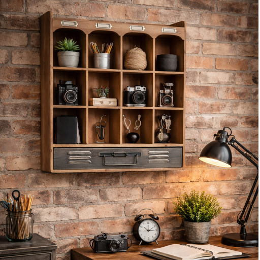 Industrial Vintage Pigeon Hole Wall Unit With Metal Drawer