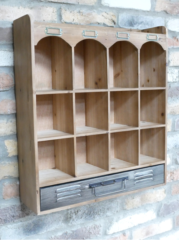 Industrial Vintage Pigeon Hole Wall Unit With Metal Drawer