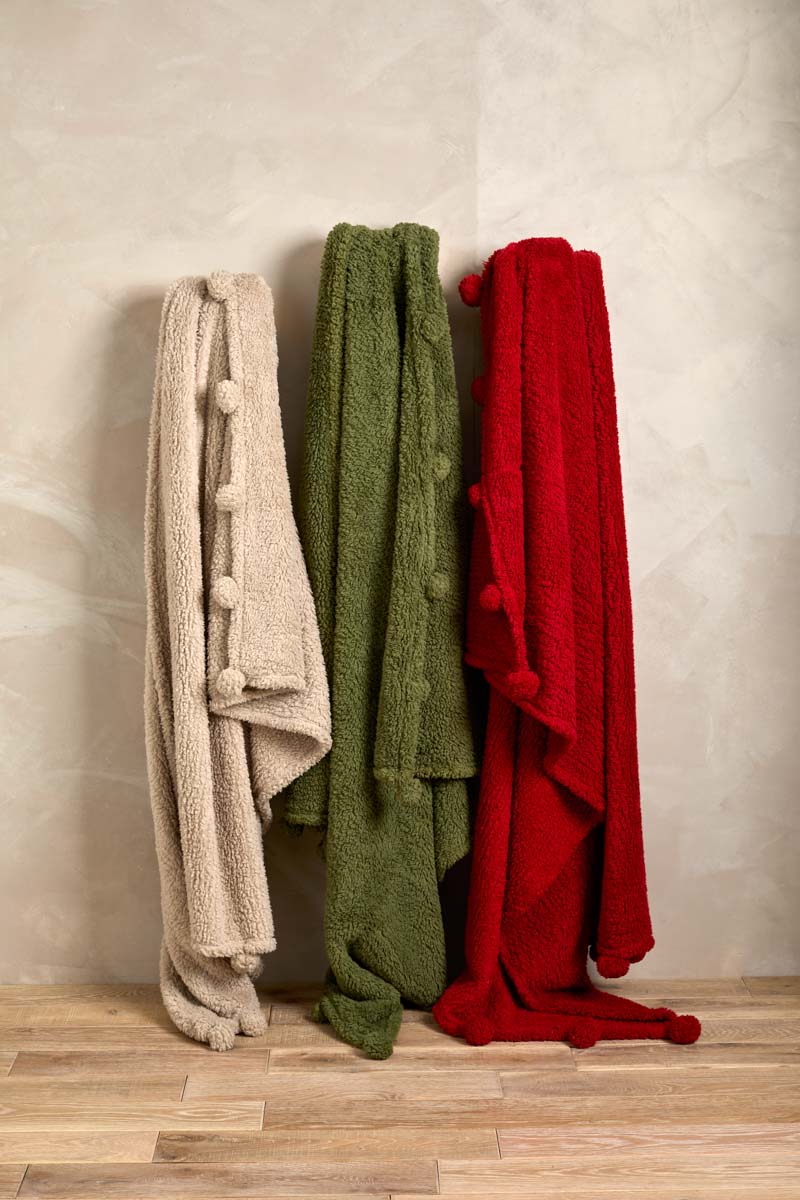 Cosy Pom Pom Throw - Olive