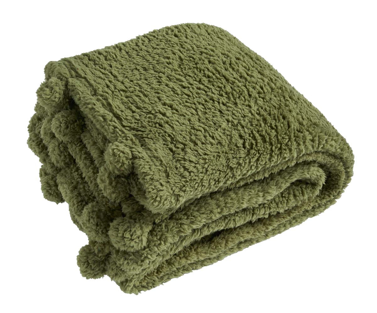 Cosy Pom Pom Throw - Olive