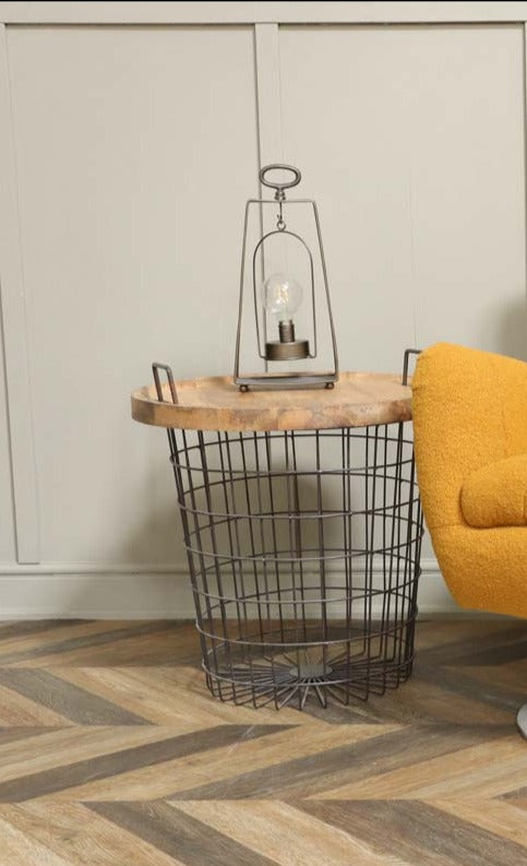 Industrial Wire Basket with Wooden Tray Table Top
