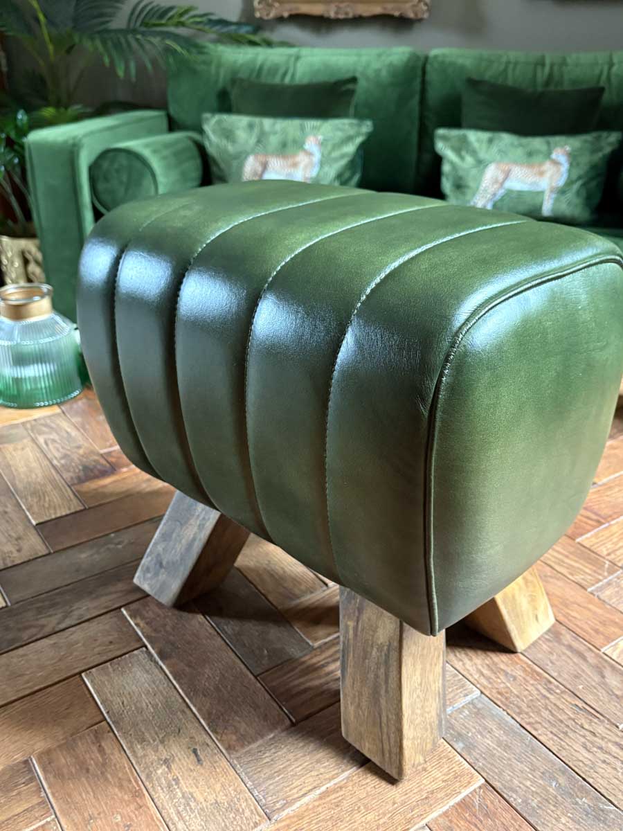 Green Leather Pommel Horse Style Foot Stool