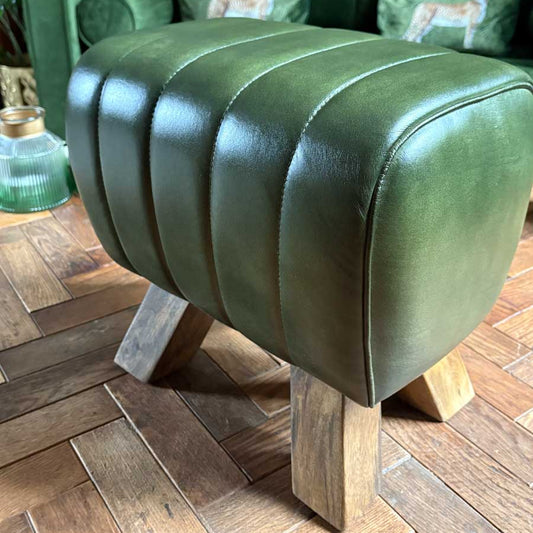 Green Leather Pommel Horse Style Foot Stool