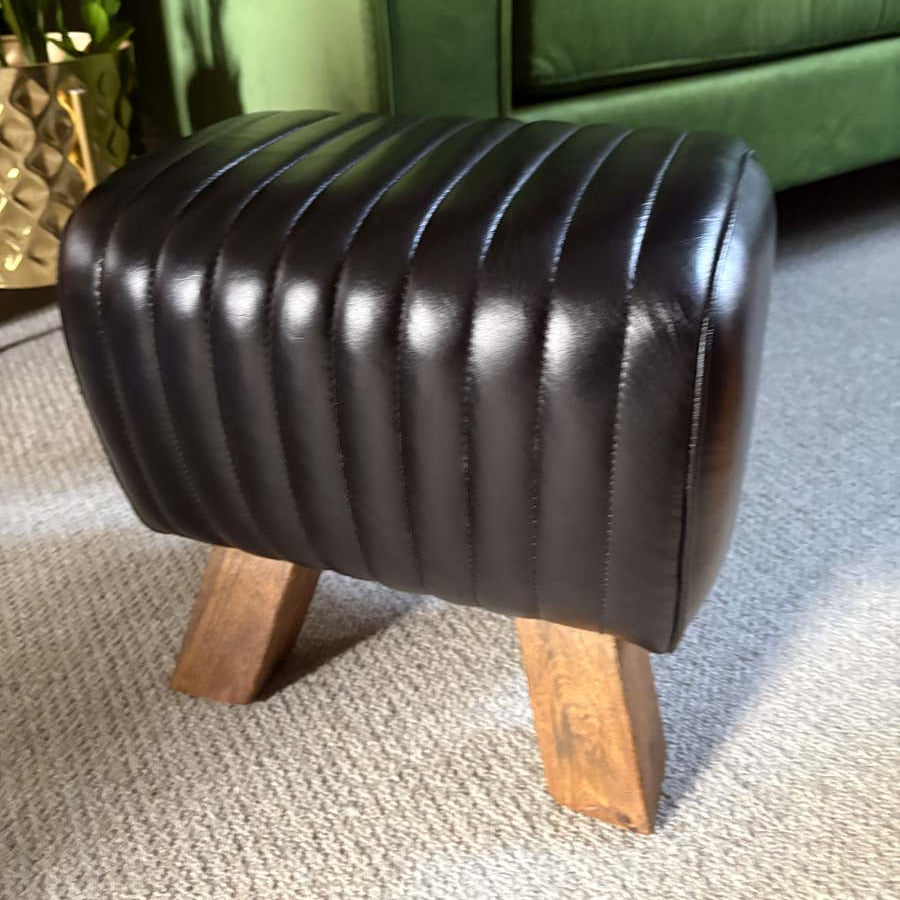 Black Leather Pommel Horse Style Foot Stool