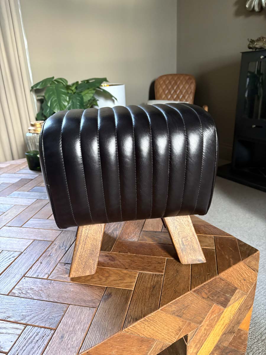 Black Leather Pommel Horse Style Foot Stool