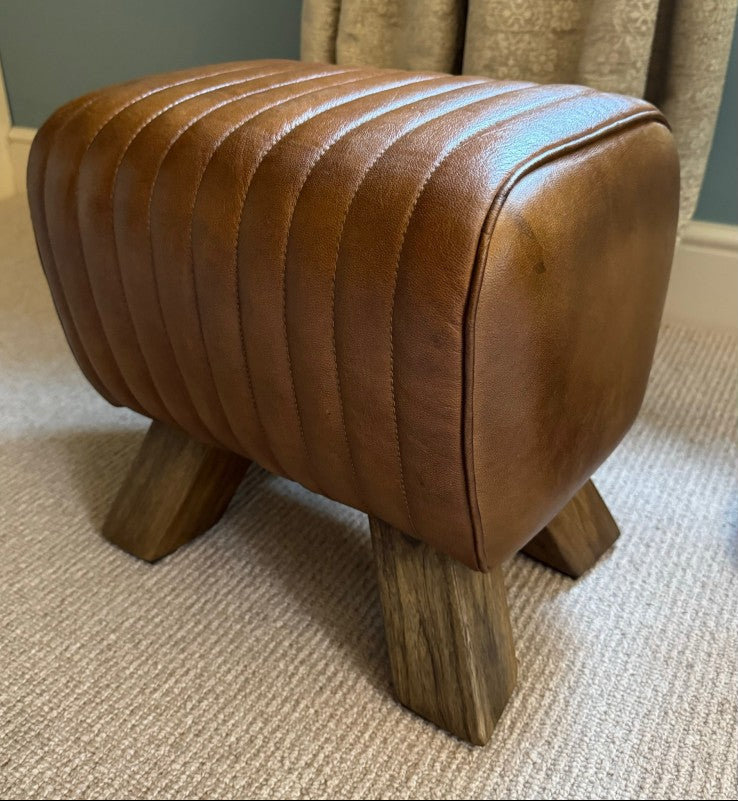 Brown Leather Pommel Horse Style Foot Stool