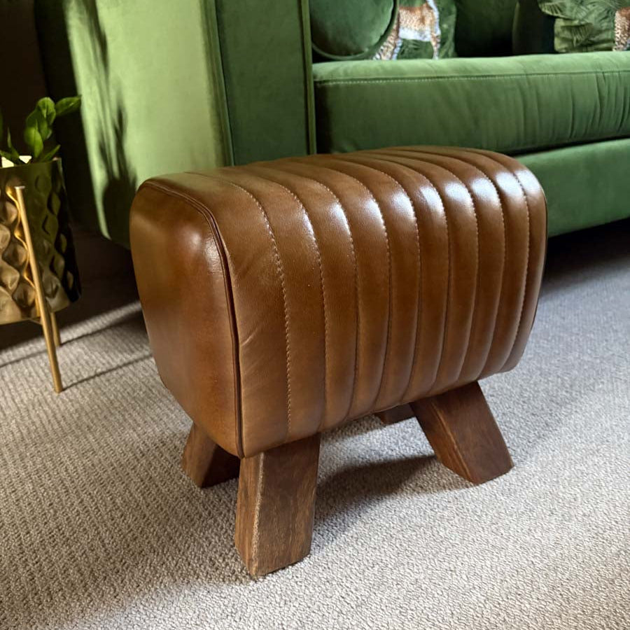 Brown Leather Pommel Horse Style Foot Stool