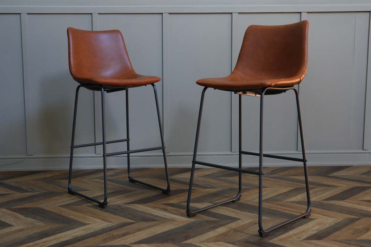 2 x Tan Leather Bar Stools.