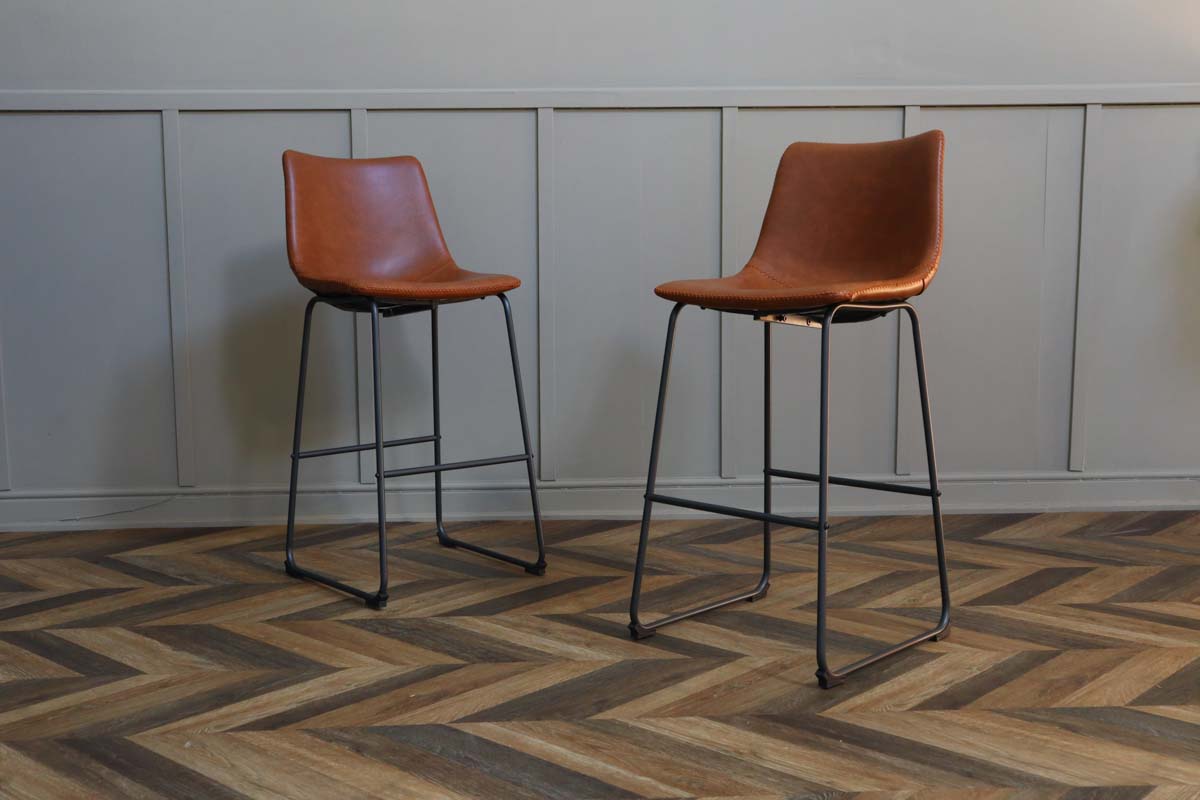 2 x Tan Leather Bar Stools.